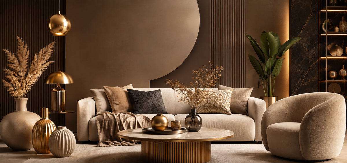 A luxury modern living room featuring a beige sofa with patterned throw pillows, a matching beige accent chair, a round ribbed coffee table, and decorative gold and metallic vases against a dark brown textured wall.